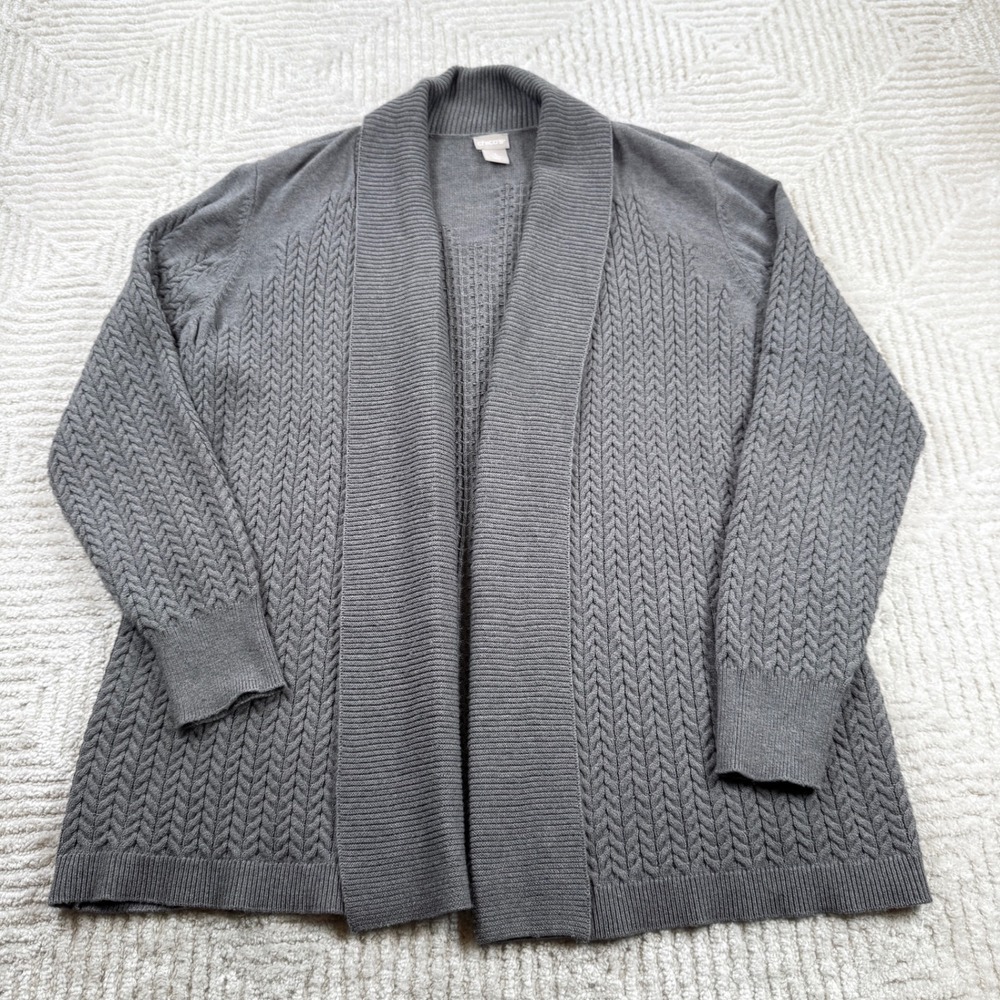 Chico's Open Front Cardigan Women's 2 L Grey Cable Knit Shawl Collar Sweater